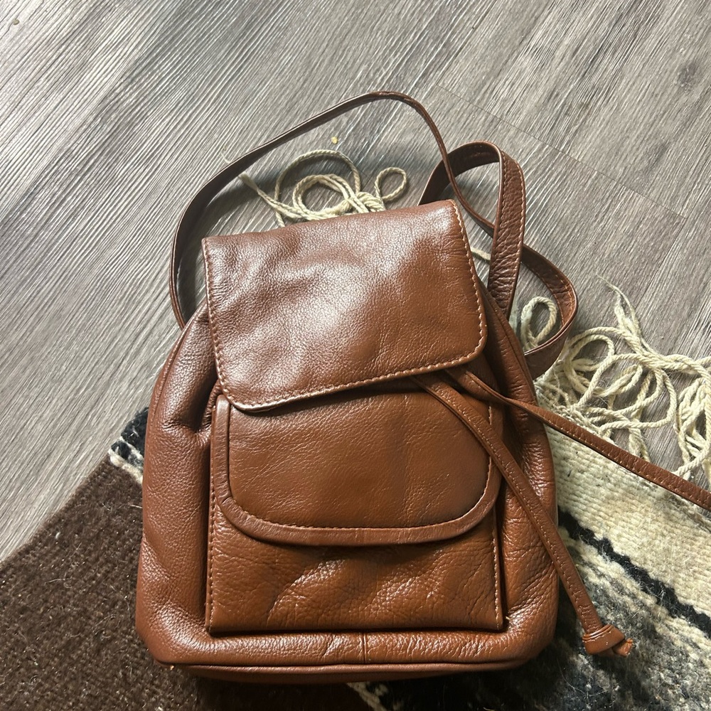 Compact Brown Leather Mini Backpack with Front Po… - image 12
